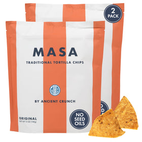 Ancient Crunch MASA chips bag display, gluten-free snack ready for dipping.