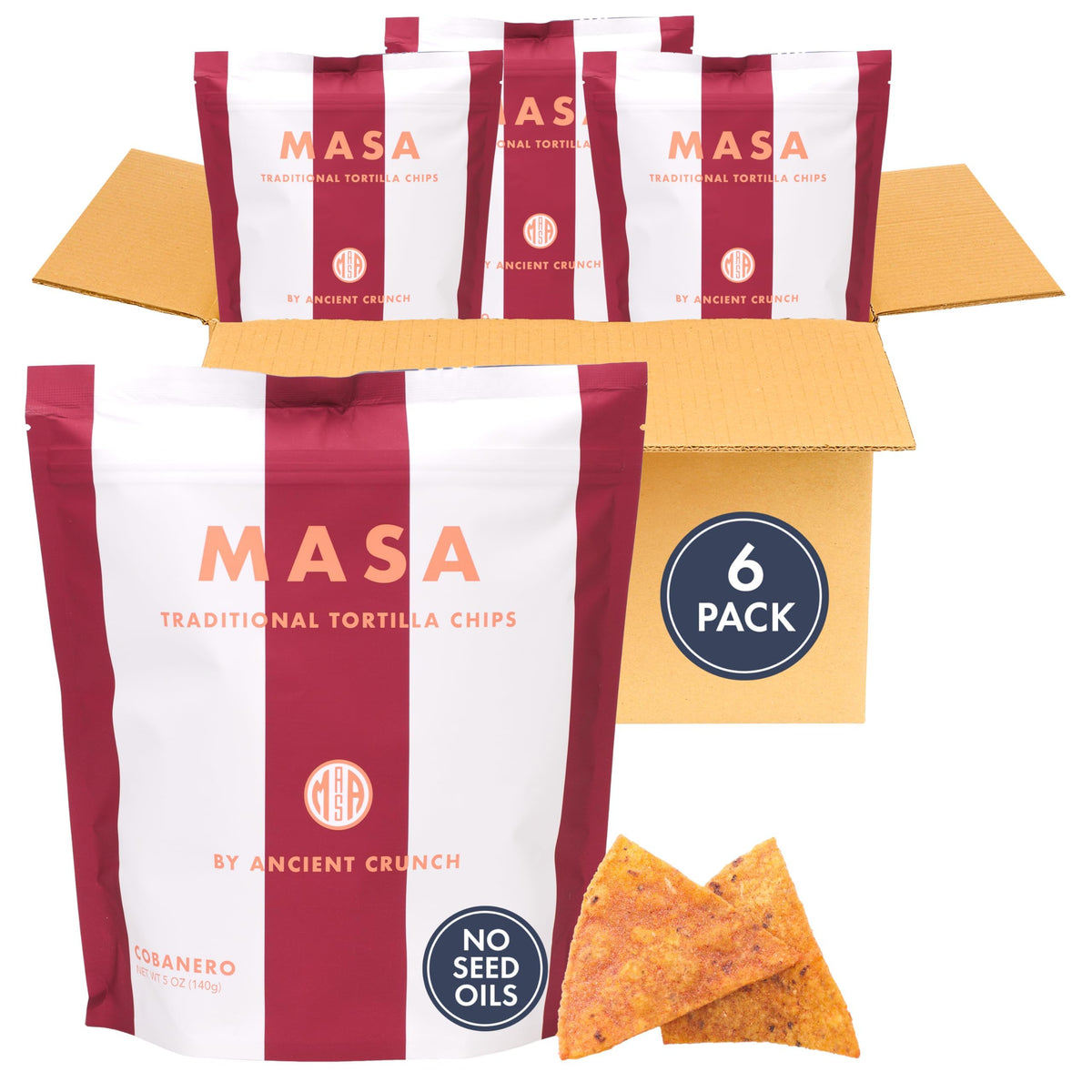 Ancient Crunch MASA Cobanero Chili chips in bag, bold flavor for snacking