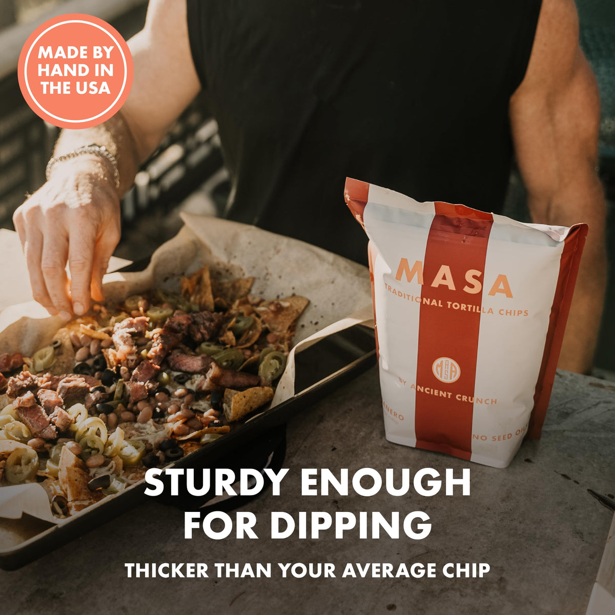 Ingredient focus shows nixtamalized corn, Cobanero chili, sea salt in MASA chips