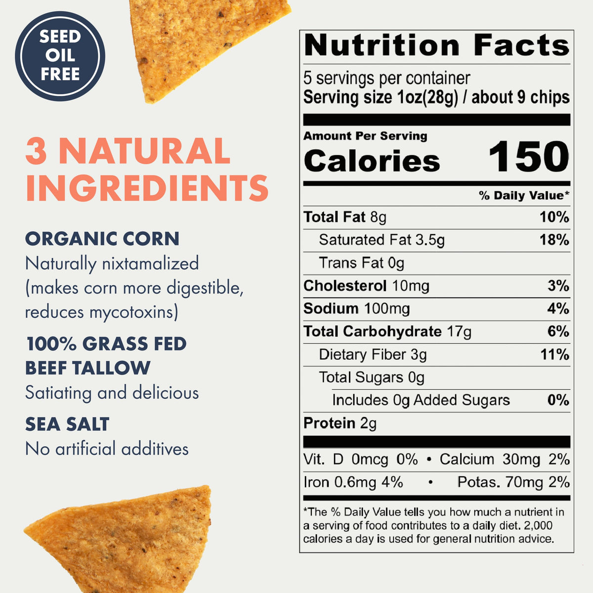Ancient Crunch MASA chips corn tortilla closeup highlighting crisp texture for guacamole.
