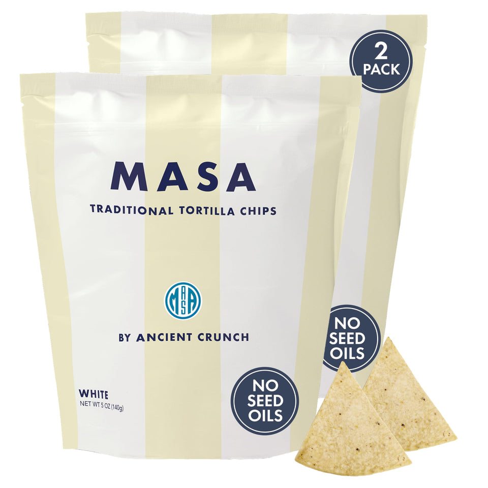 Ancient Crunch MASA chips in white corn ready for salsa or guacamole
