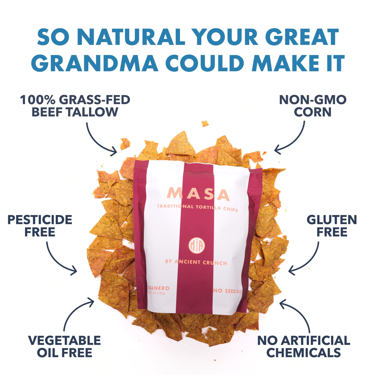 Ancient Crunch MASA Cobanero chips on nachos for bold flavor.