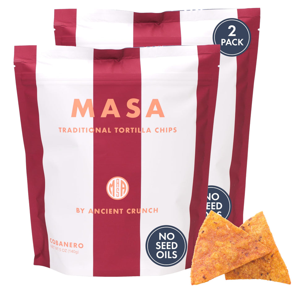 Ancient Crunch MASA Cobanero chips in two-pack bag, bold chili flavor for spicy snacking.