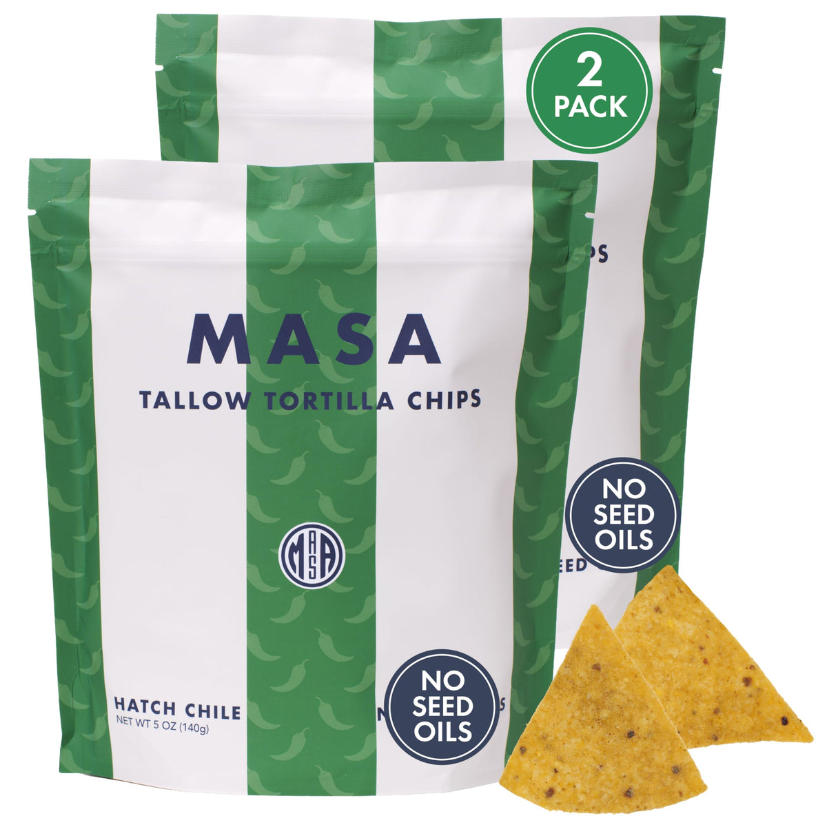 Ancient Crunch MASA chips bag shows Hatch green chile flavor and bold crunch