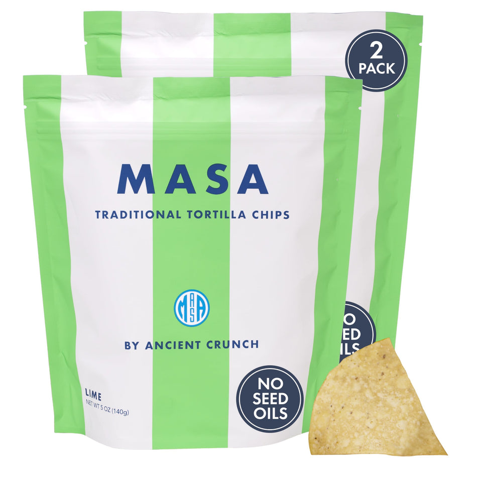 Ancient Crunch MASA lime chips 2-pack, zesty gluten-free snack.