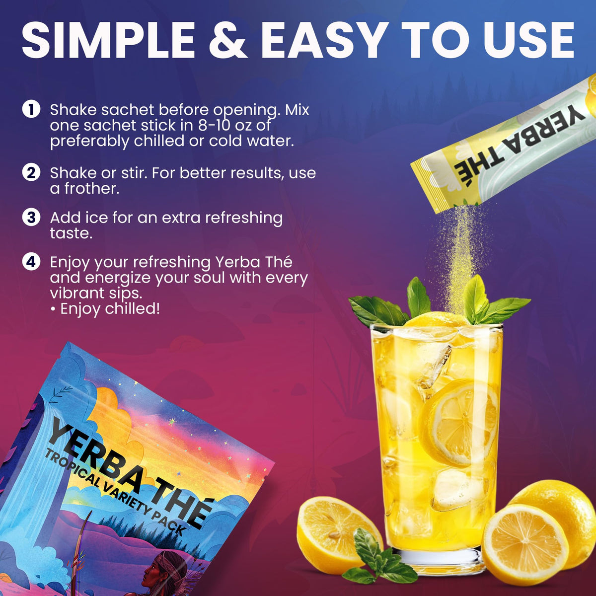Packaging closeup emphasizes 100% natural ingredients and sugar-free purity.