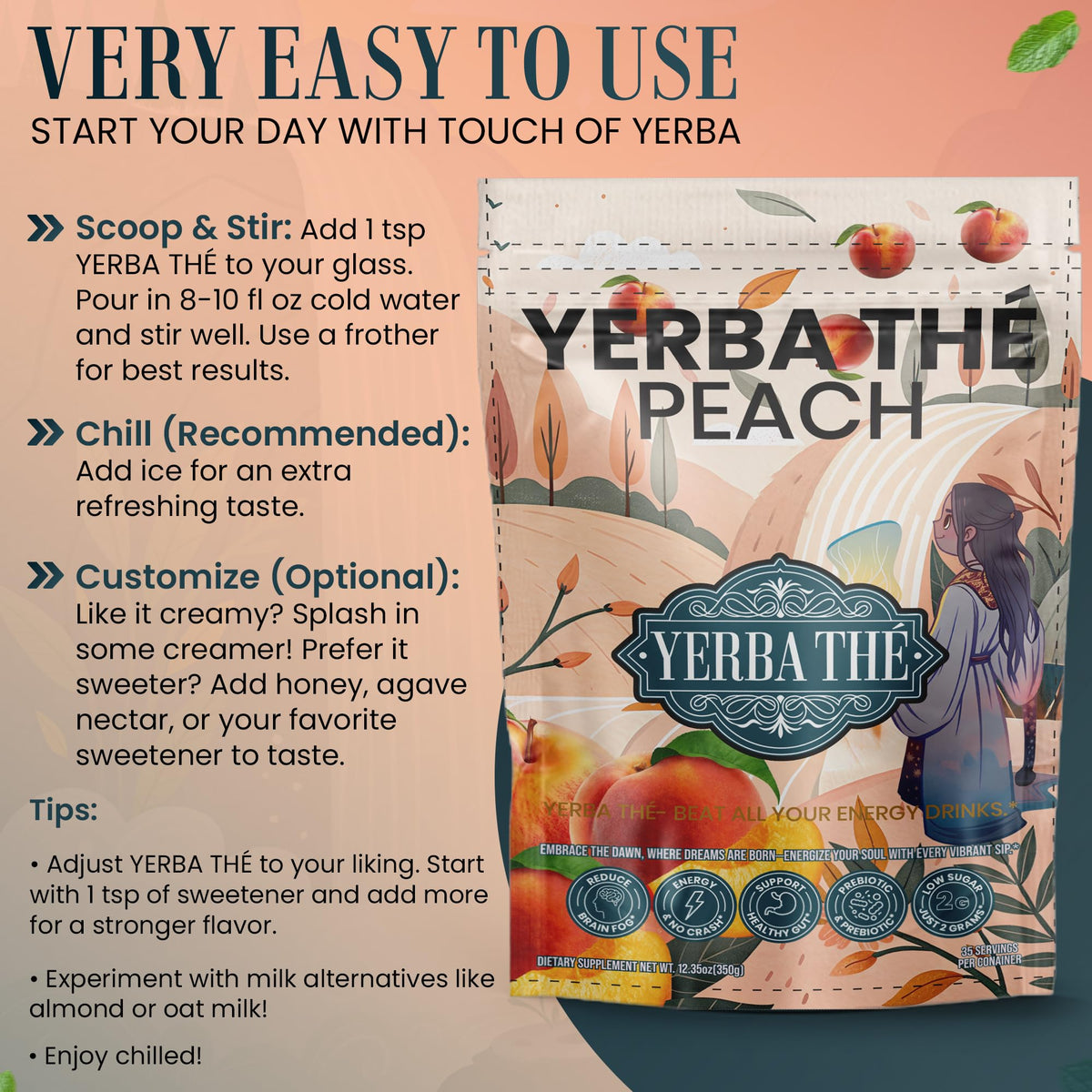 Dissolving peach-flavored yerba mate powder in water for easy mix.