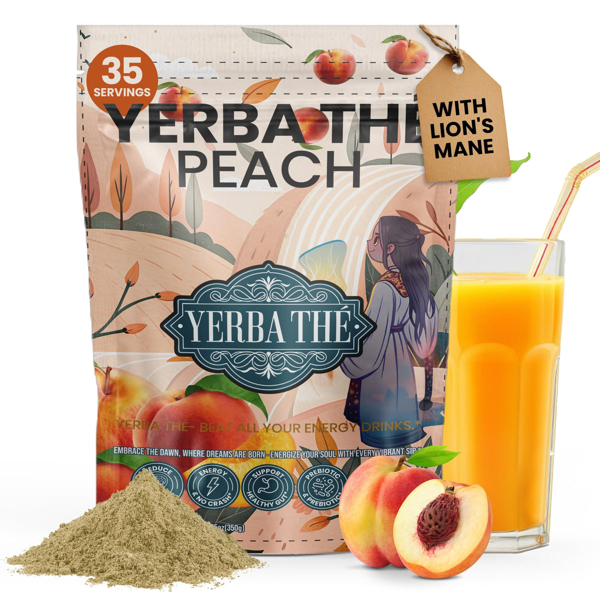 Ancient Diosa Yerba Mate powder bottle with peach flavor for clean energy.