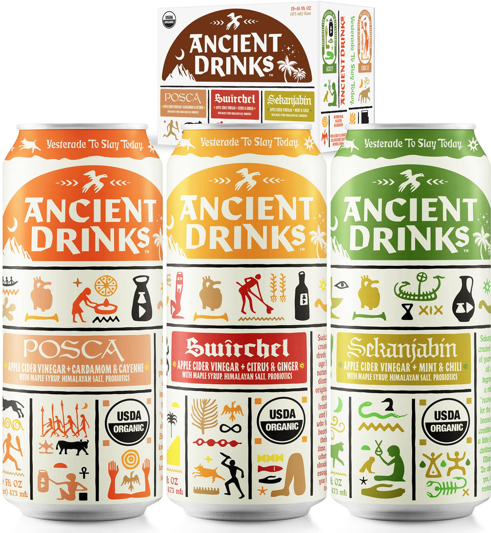 ANCIENT DRINKS Posca can on trail, refreshing hydration with probiotics.