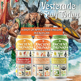 ANCIENT DRINKS Switchel can, savory-sweet hydration during outdoor activity.