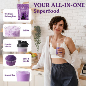 Ancient Extracts Ube Matcha powder whisked into hot drinks for smooth texture.