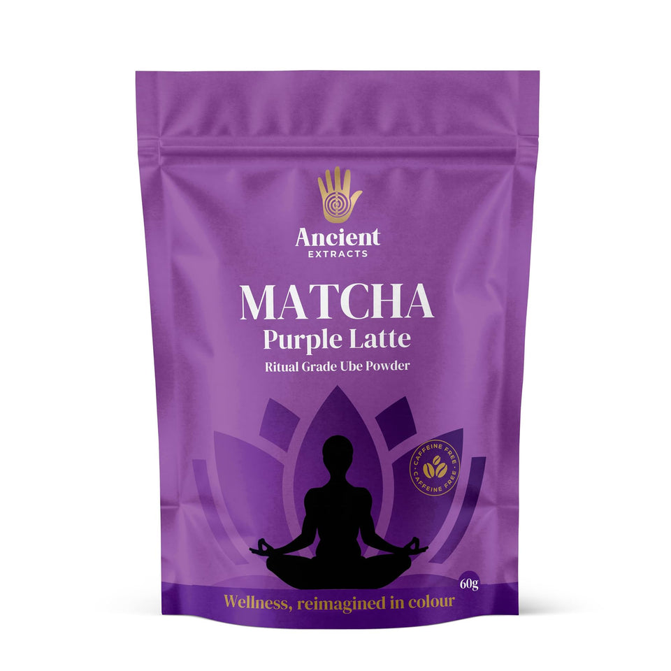 Ancient Extracts Ube Matcha Tea powder in jar, ideal for vibrant purple lattes.