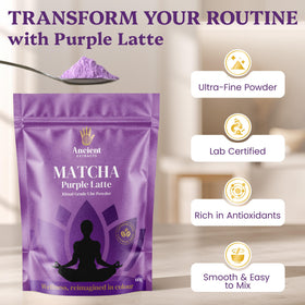 Ancient Extracts Ube Matcha powder with scoop, perfect for quick blends.