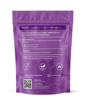 Ancient Extracts Ube Matcha powder prepared for smoothies and colorful drinks.