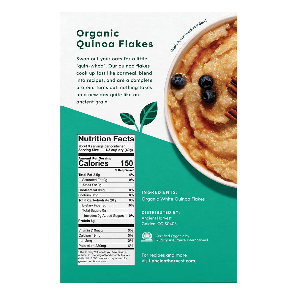 Ancient Harvest quinoa flakes box back shows nutrition highlights for mindful meals.
