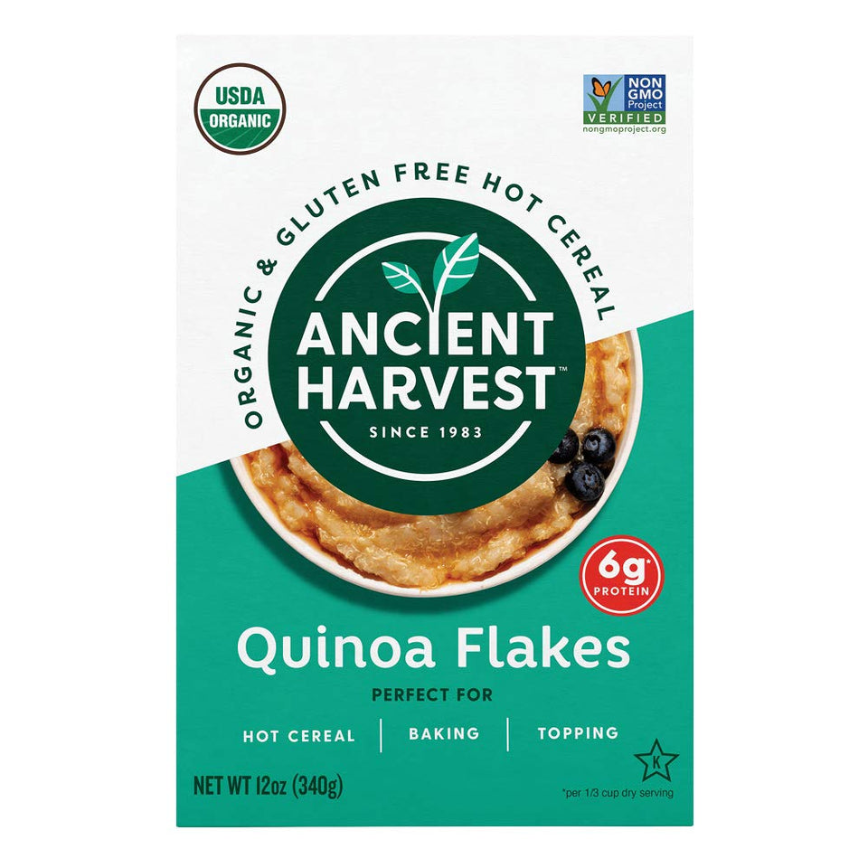 Ancient Harvest quinoa flakes box front highlights gluten-free breakfast option.