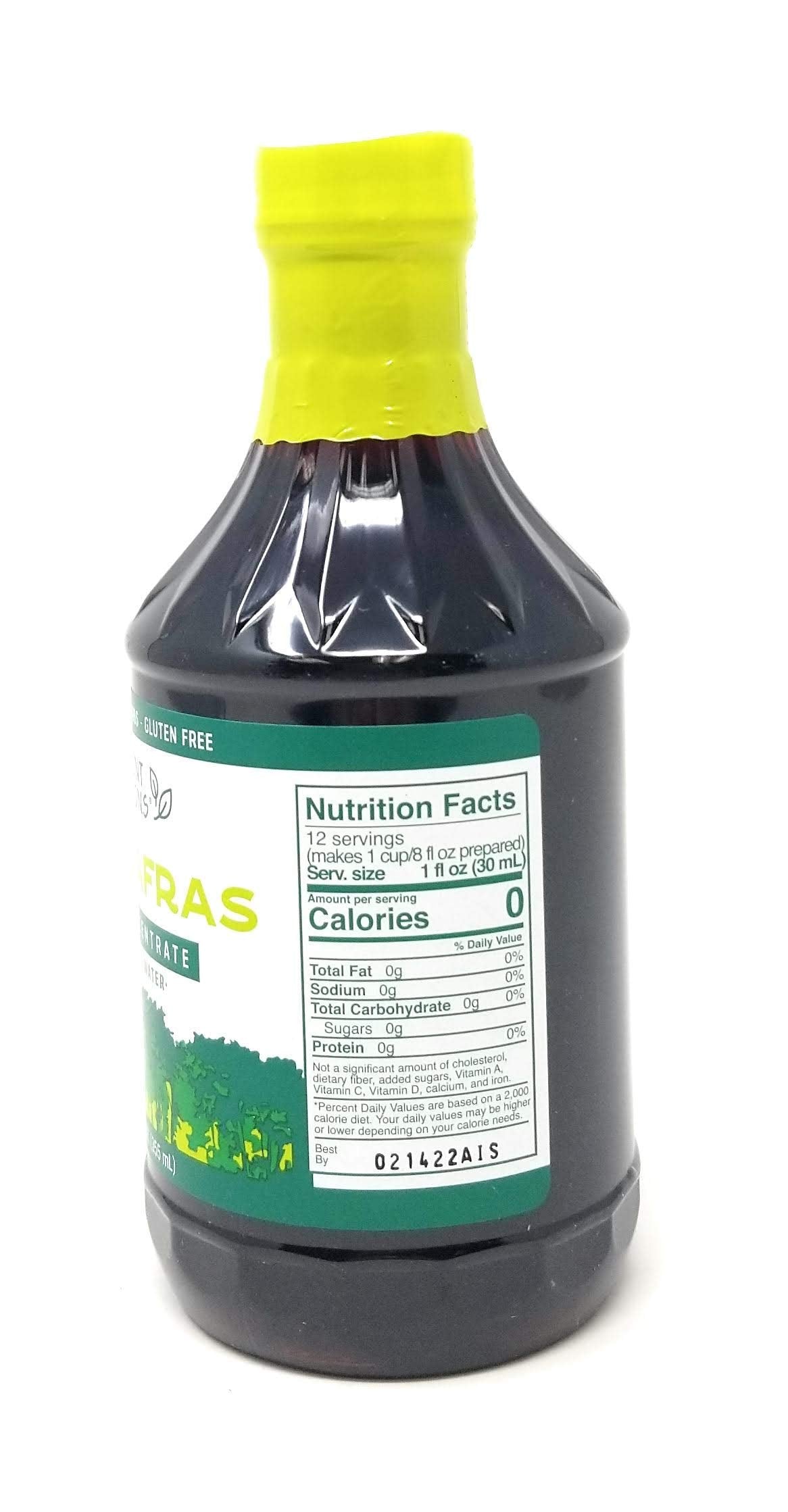 Ancient Infusions Sassafras Concentrate bottle label with usage tips for best flavor