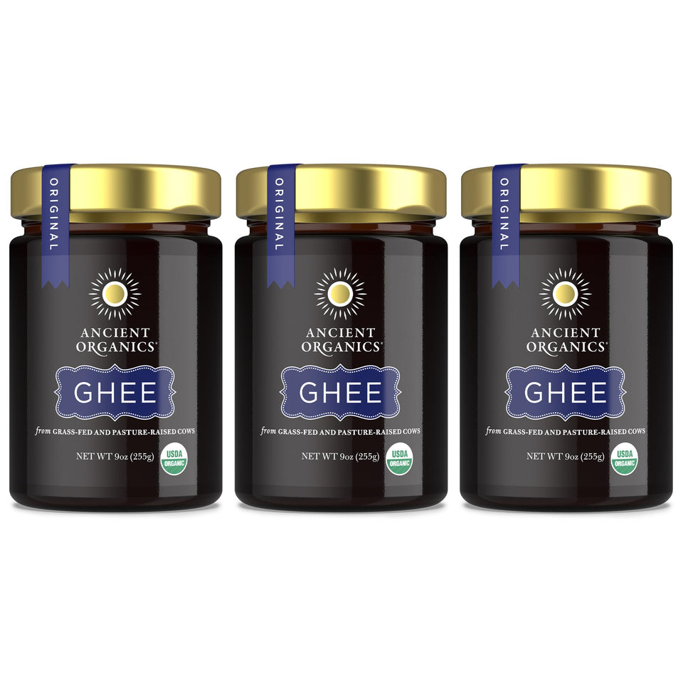 Ancient Organics Ghee bottle pour, ideal for rich sauteing and flavor