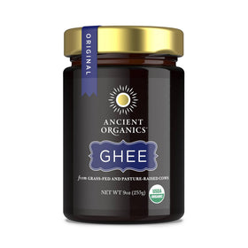 Ancient Organics Ghee bottle for versatile cooking and rich flavor.