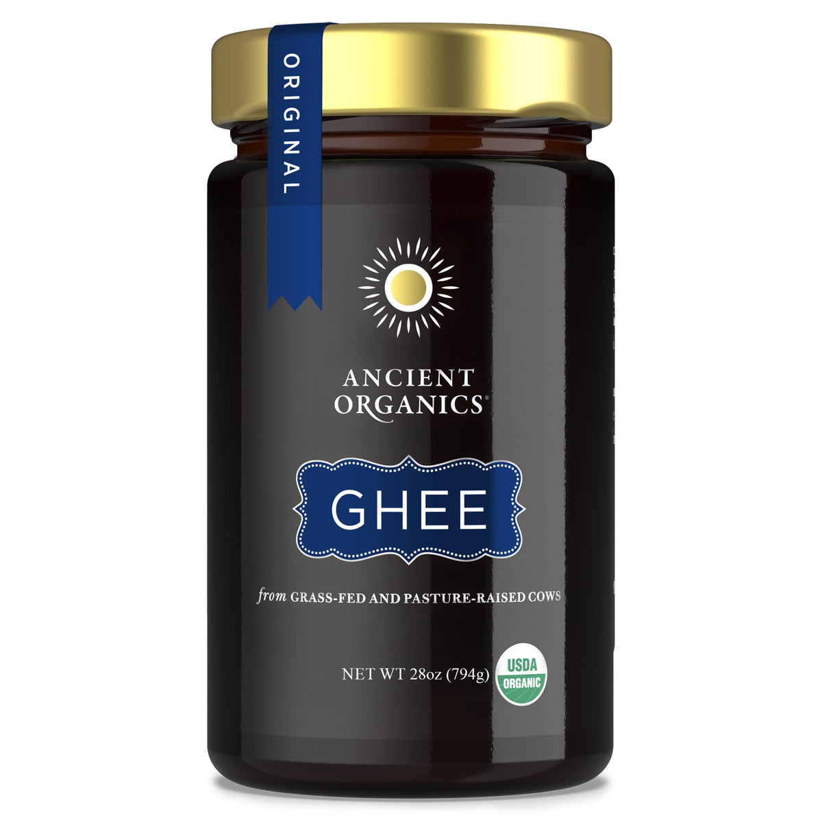 Ancient Organics Ghee jar on kitchen counter for high-heat cooking.