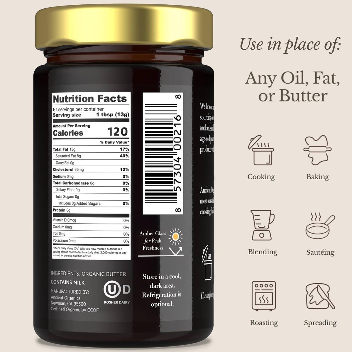 Ancient Organics Ghee bottle highlights grass-fed source and purity.