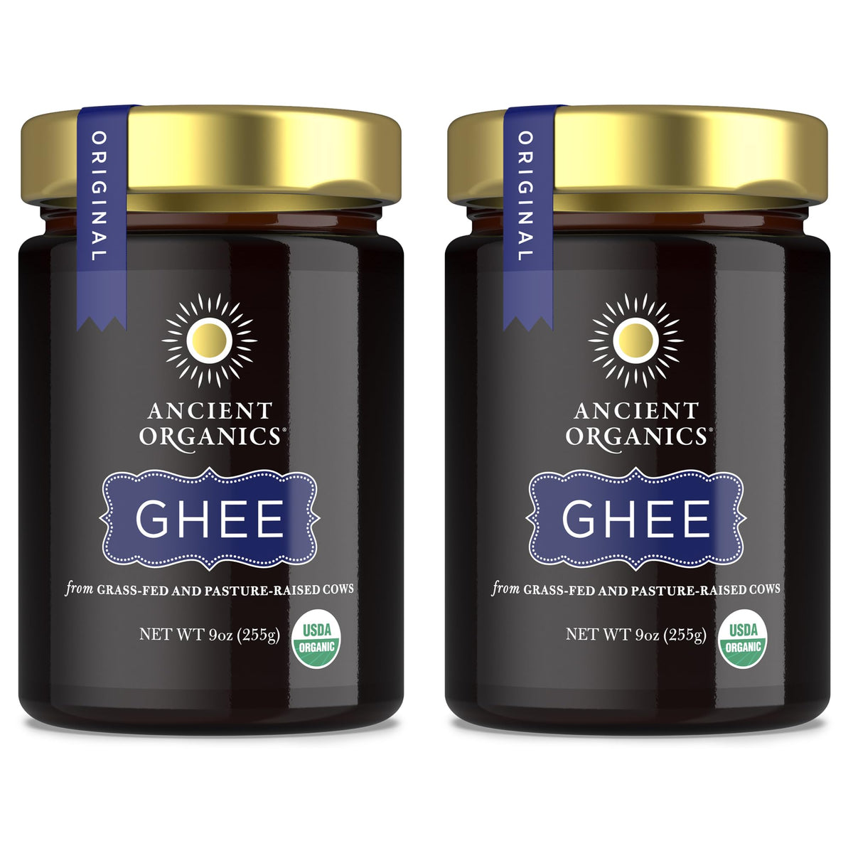 Ancient Organics Ghee packaging shows two tubs for pantry use.