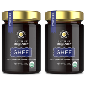 Ancient Organics Ghee packaging shows two tubs for pantry use.