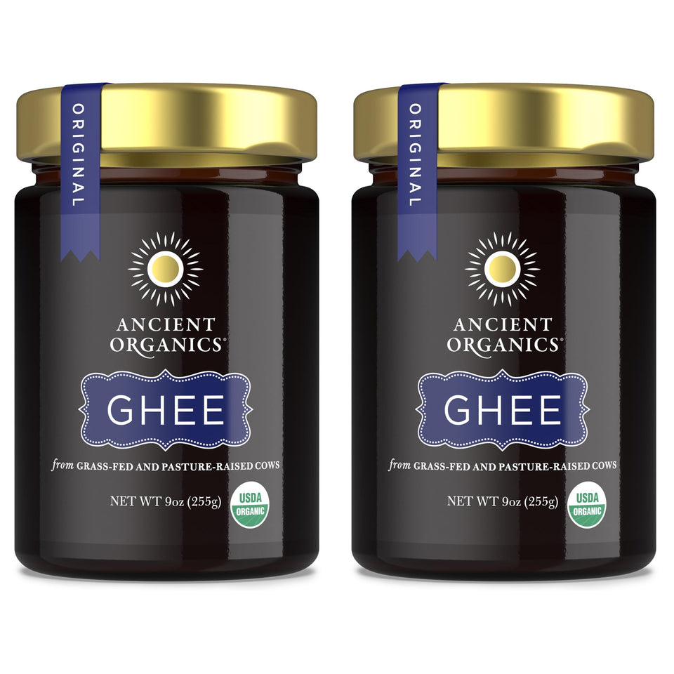 Ancient Organics Ghee packaging shows two tubs for pantry use.