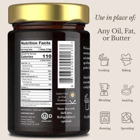 Ancient Organics Ghee jar on stove highlights cooking versatility.