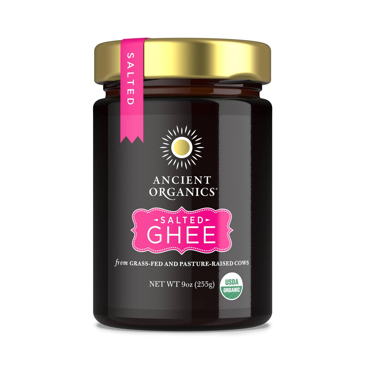 Ancient Organics Salted Ghee bottle for versatile cooking and rich flavor.