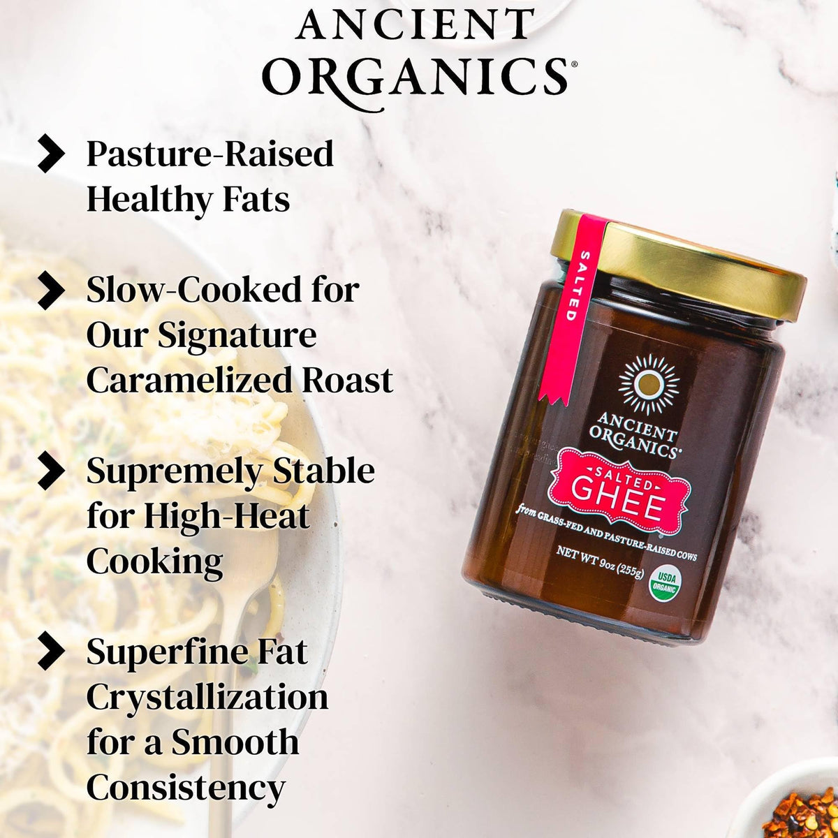 Ancient Organics Salted Ghee jar close-up with creamy texture.