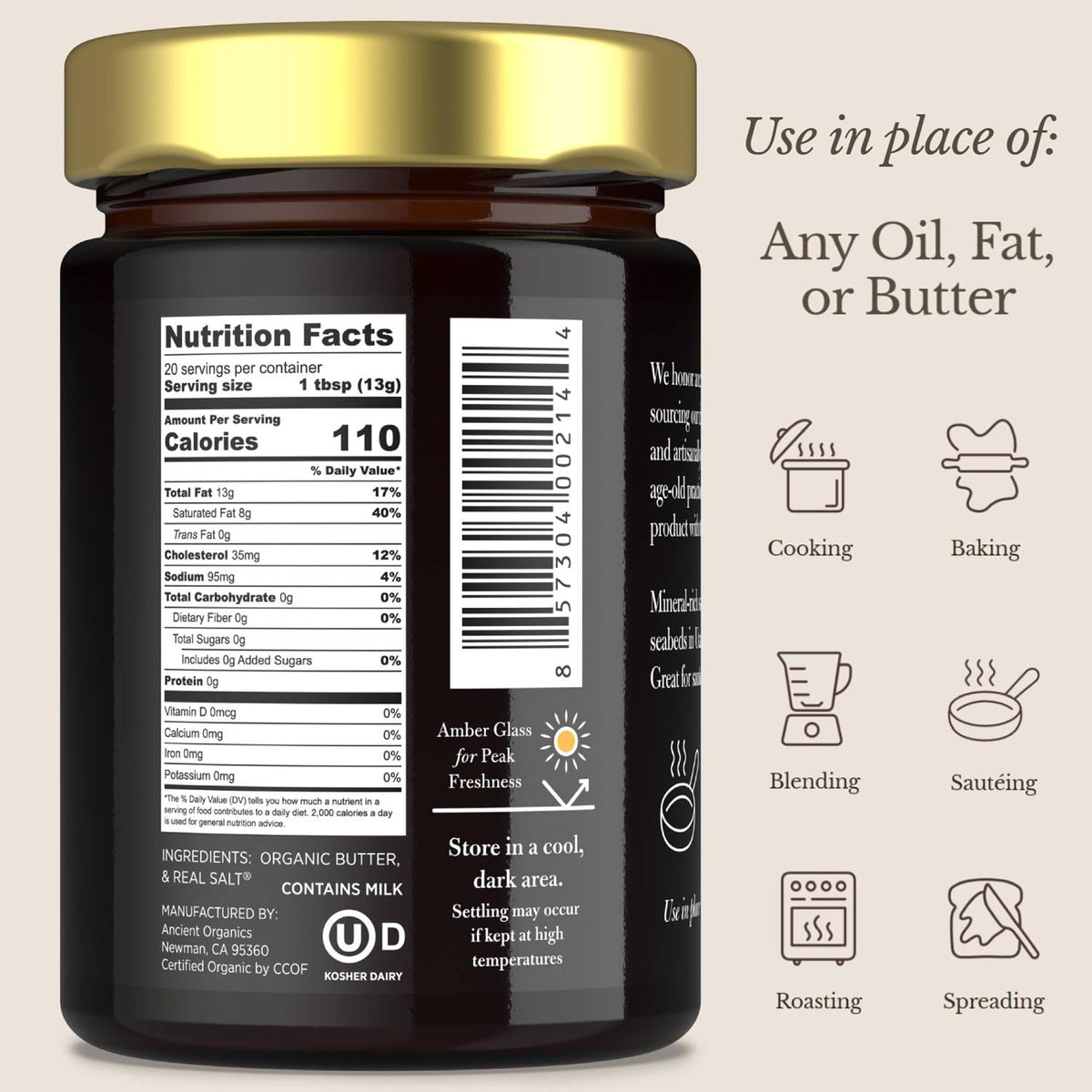 Ancient Organics Salted Ghee pour action on pan for searing.