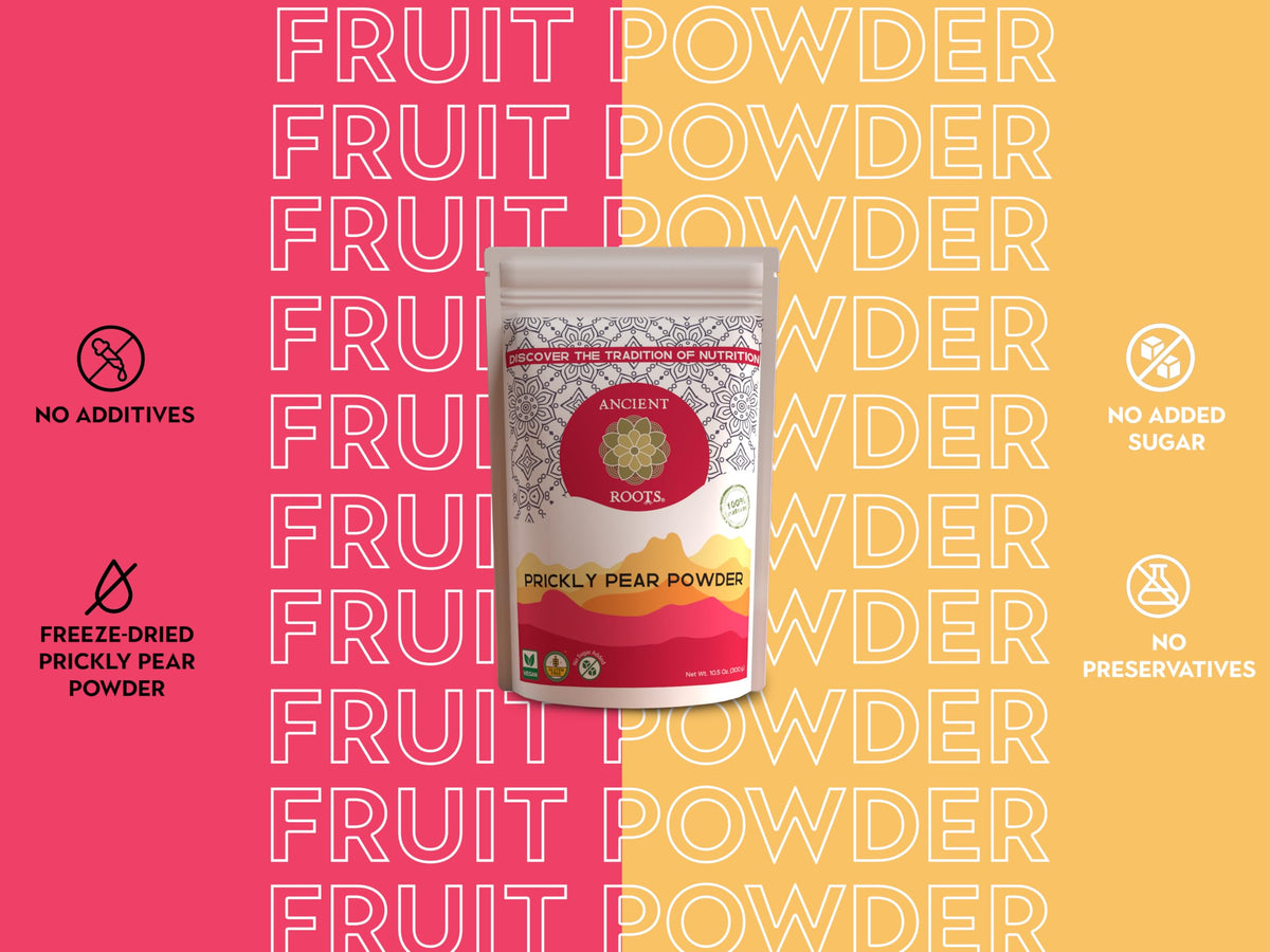 Ancient Roots prickly pear powder seal emphasizes freshness and storage