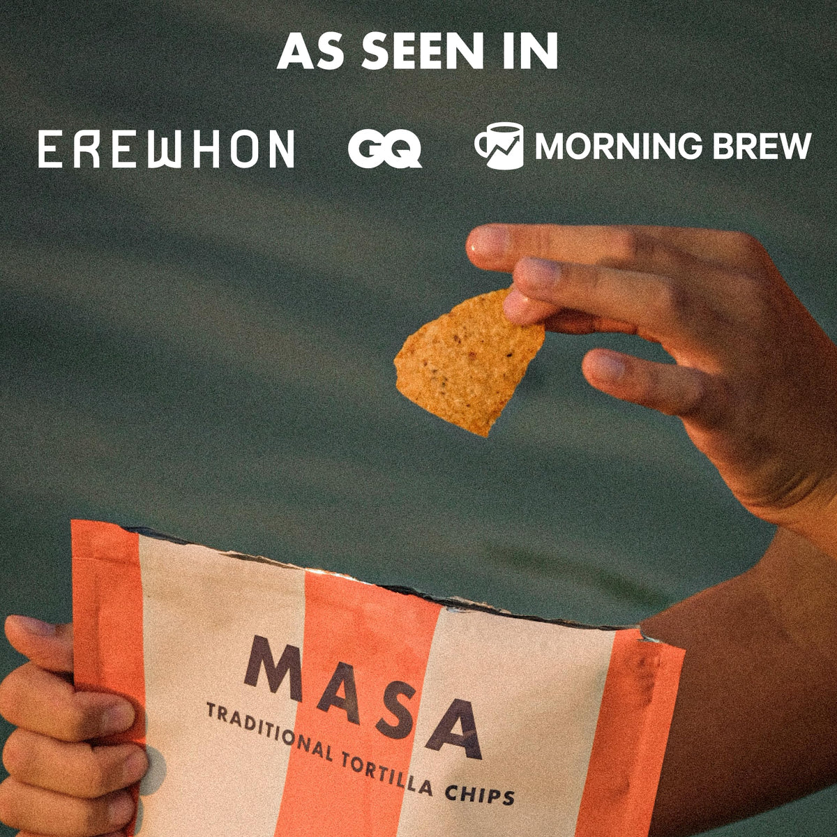 Ancient Crunch MASA Chips sea salt visible on chips for seasoning focus.