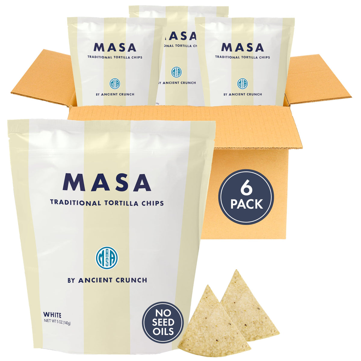 Ancient Crunch MASA Chips white corn close-up shows flaky texture and crisp crunch.