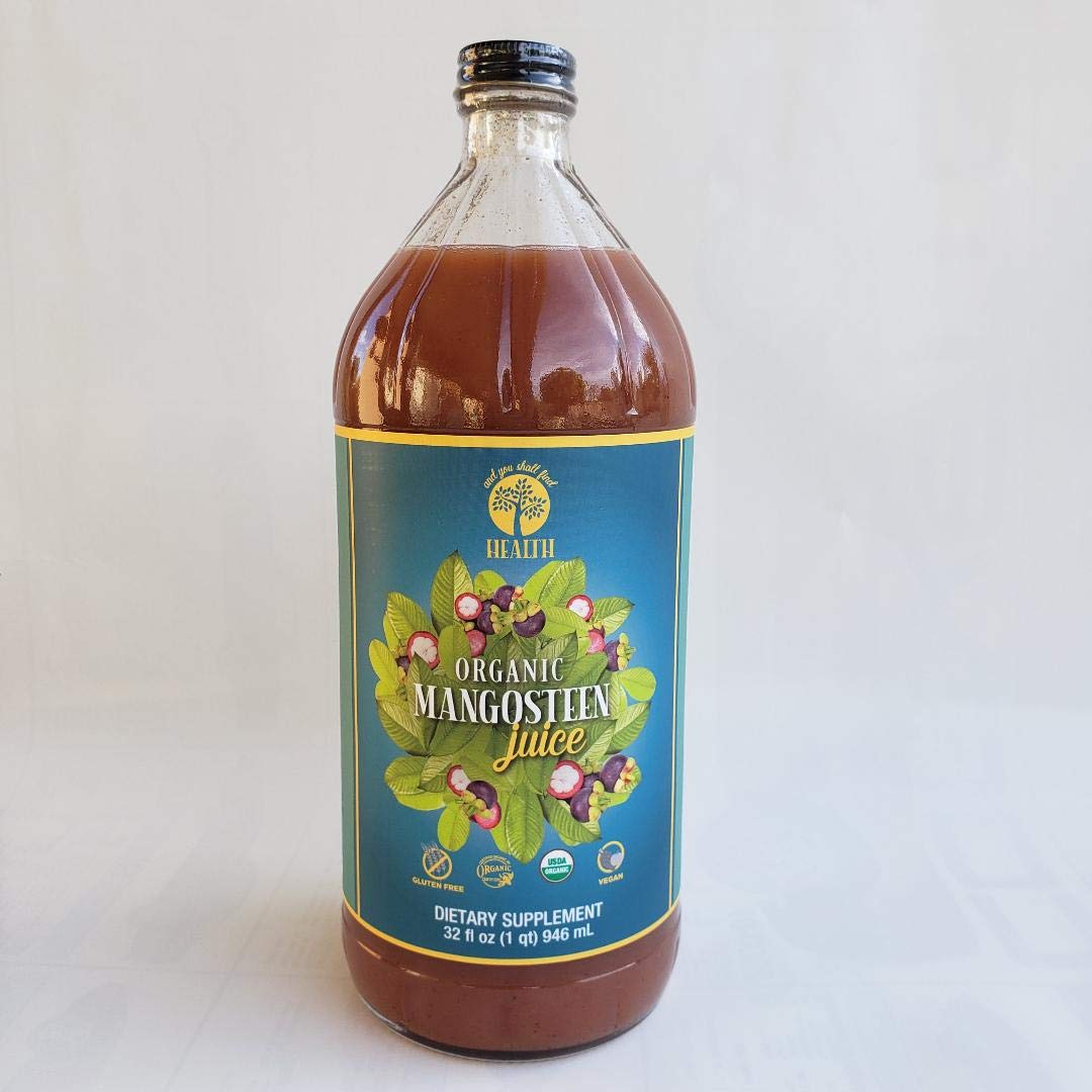 And You Shall Find Health mangosteen juice bottle front, pure organic wellness option.