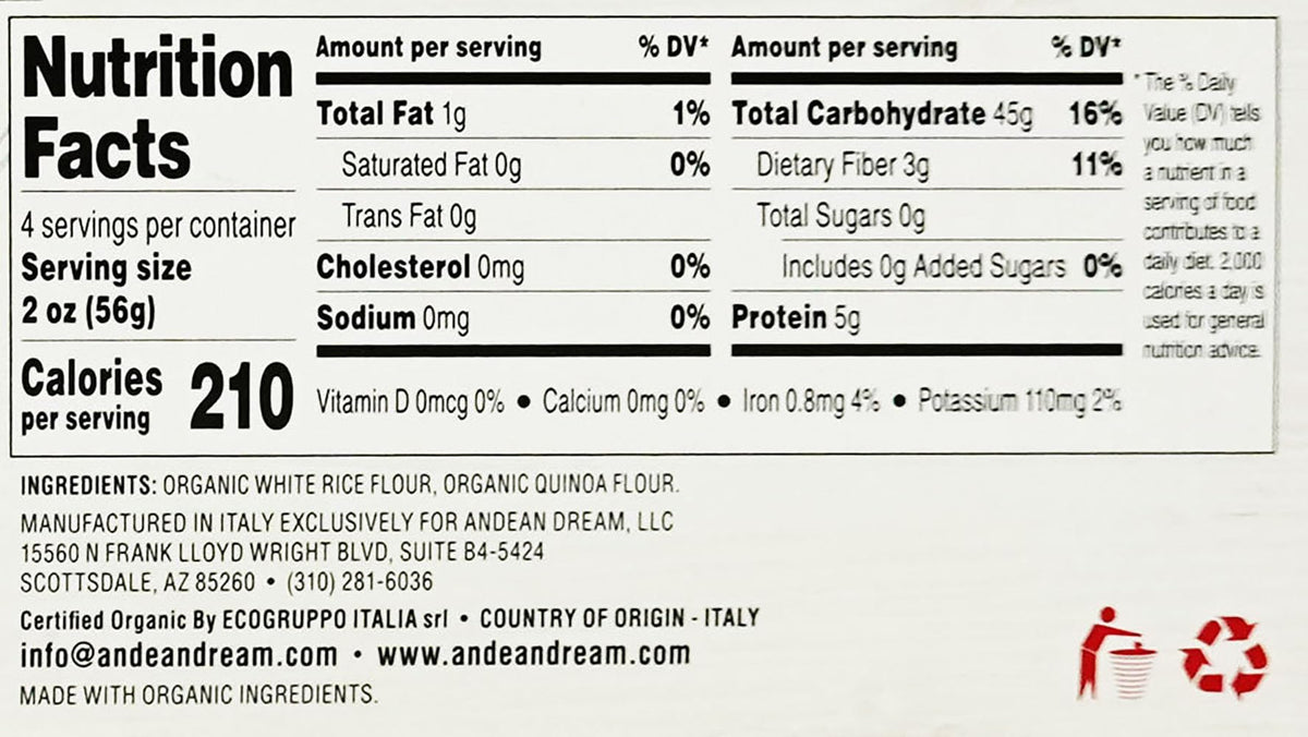 Andean Dream Org spaghetti quinoa pasta nutrition facts label emphasizing protein and fiber
