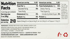 Andean Dream Org spaghetti quinoa pasta nutrition facts label emphasizing protein and fiber