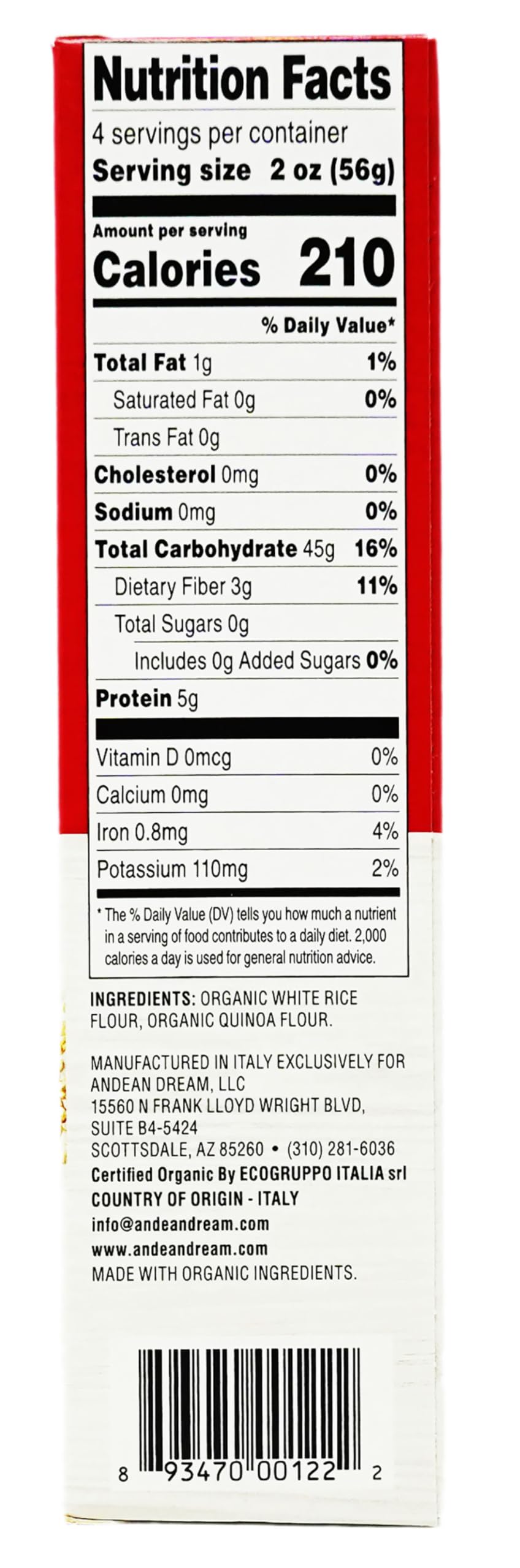 Andean Dream organic quinoa fusilli pasta bag suggests easy pantry storage.