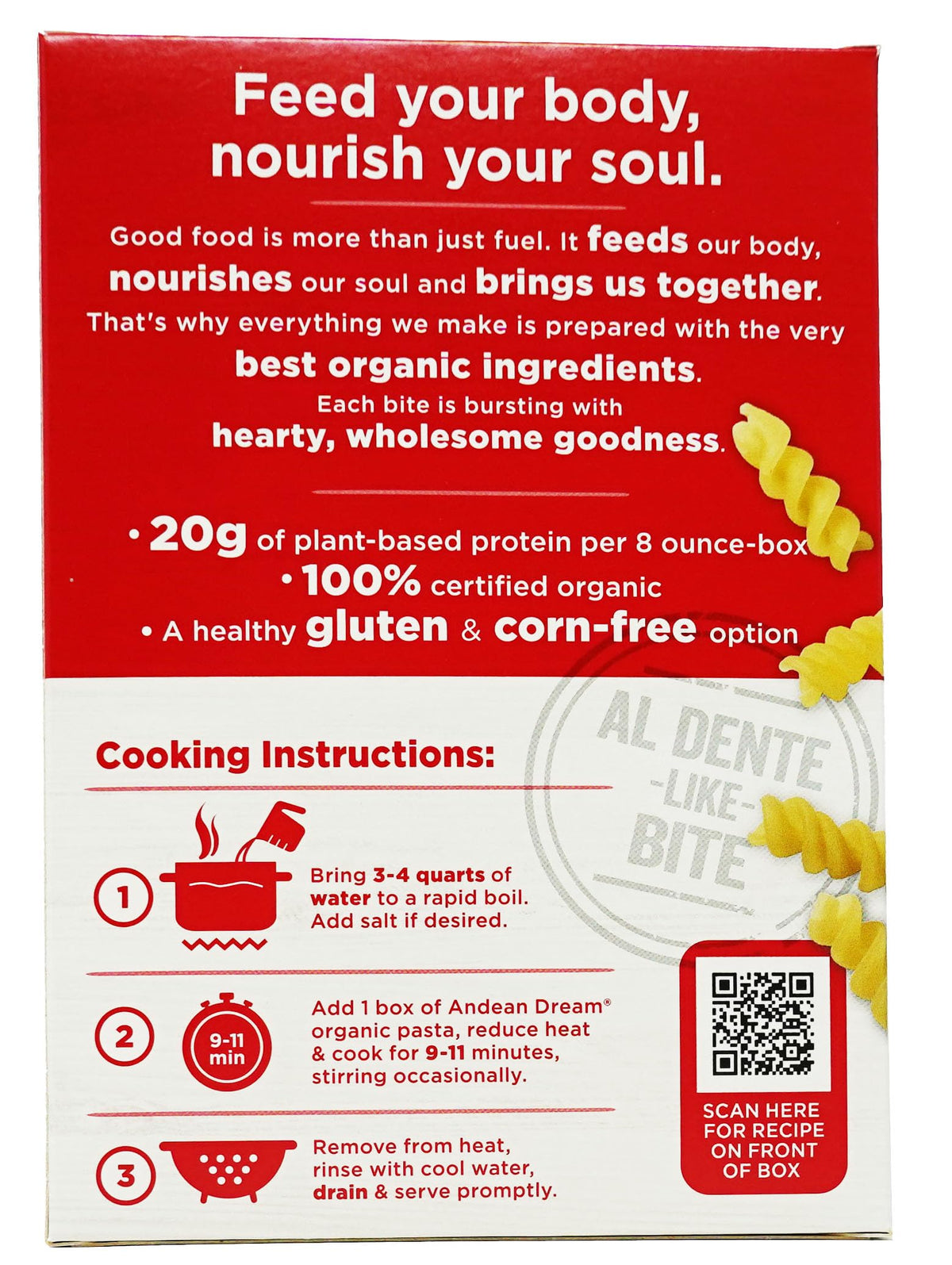 Cooked plate of Andean Dream pasta demonstrates firm texture and sauce-clinging spirals.