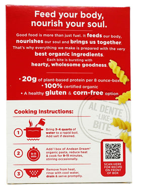Cooked plate of Andean Dream pasta demonstrates firm texture and sauce-clinging spirals.