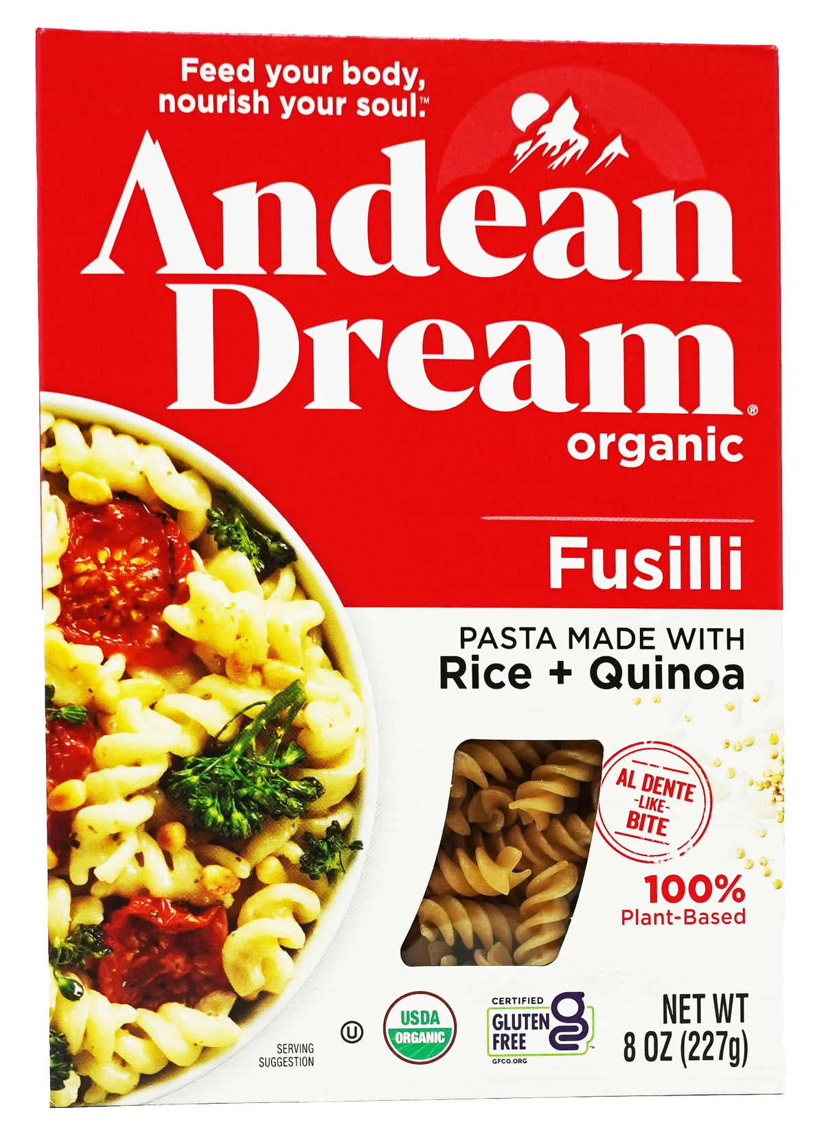 Andean Dream quinoa fusilli pasta package shows gluten-free nutrition and convenience.