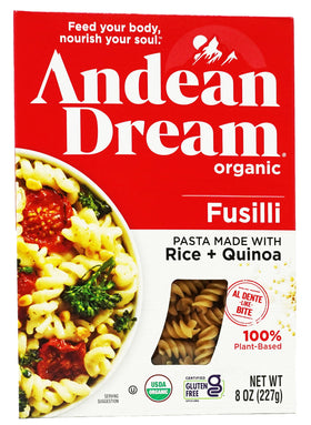 Andean Dream quinoa fusilli pasta package shows gluten-free nutrition and convenience.