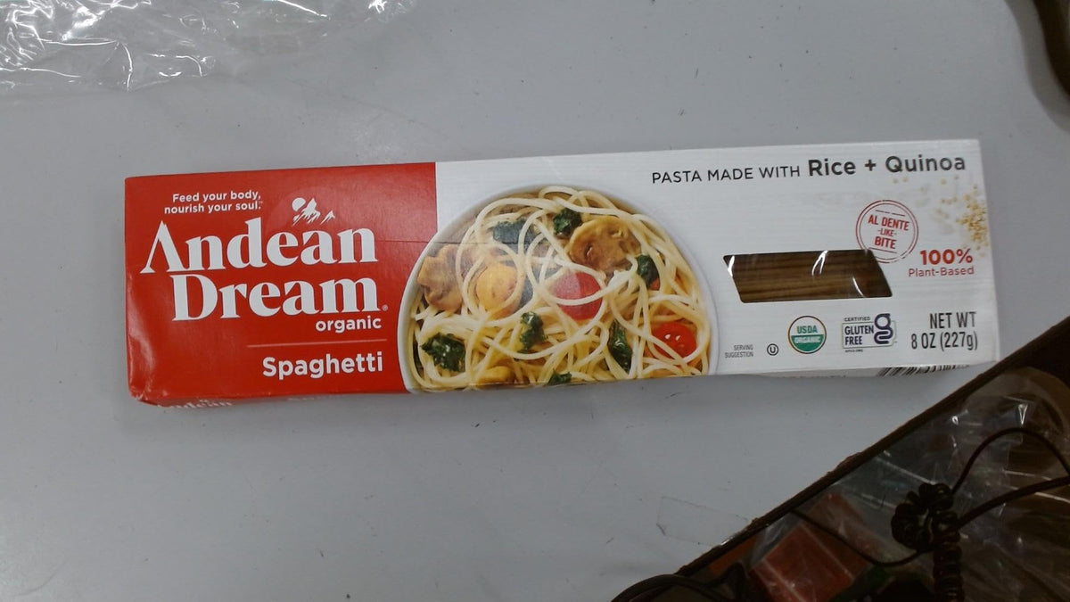 Andean Dream Organic Spaghetti Quinoa Pasta, uncooked bundle, high-protein base for meals.