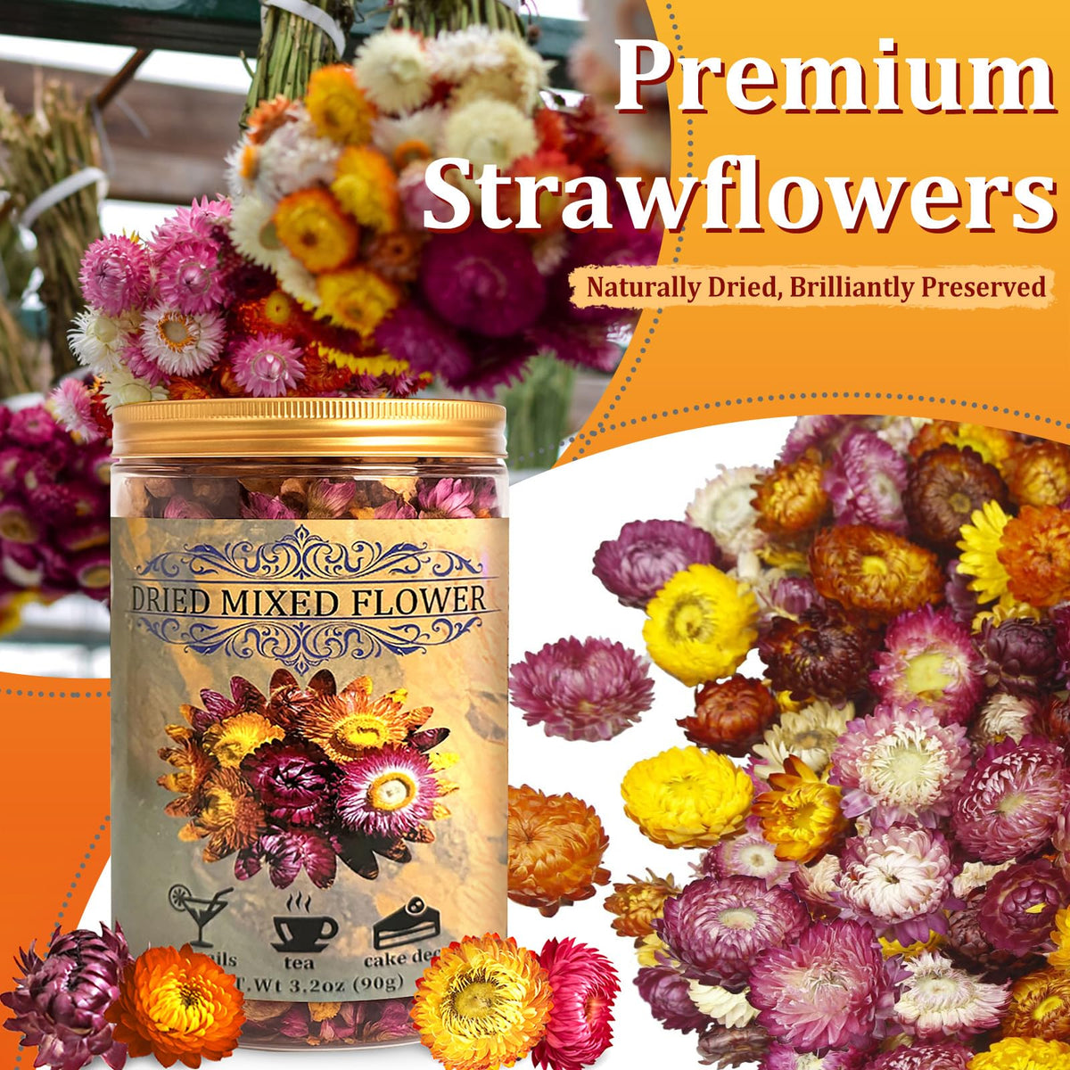 Andekas dried chrysanthemums petals in a colorful display for drinks and desserts.