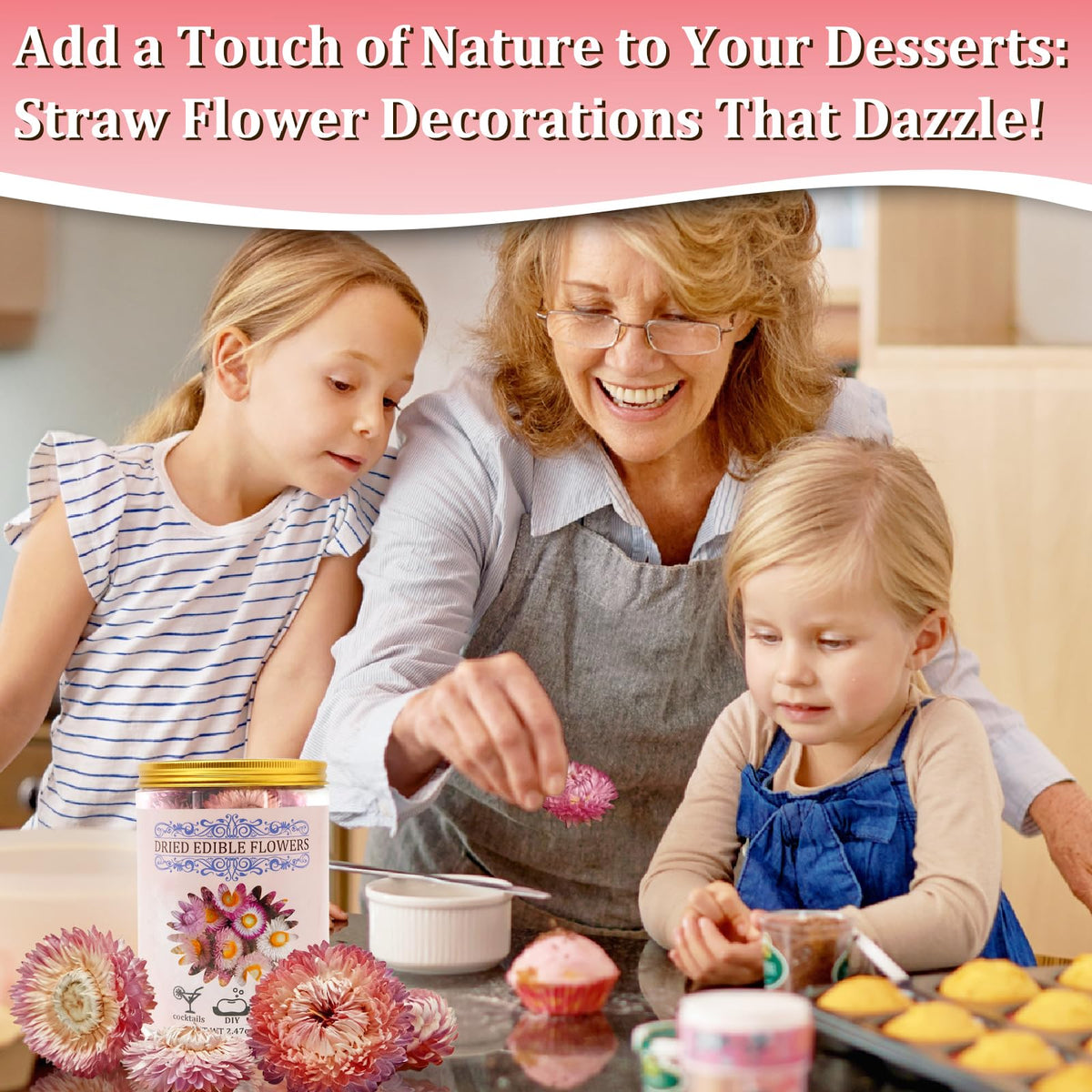 Andekas strawflowers for dessert tables provide rustic elegance and natural color accents.
