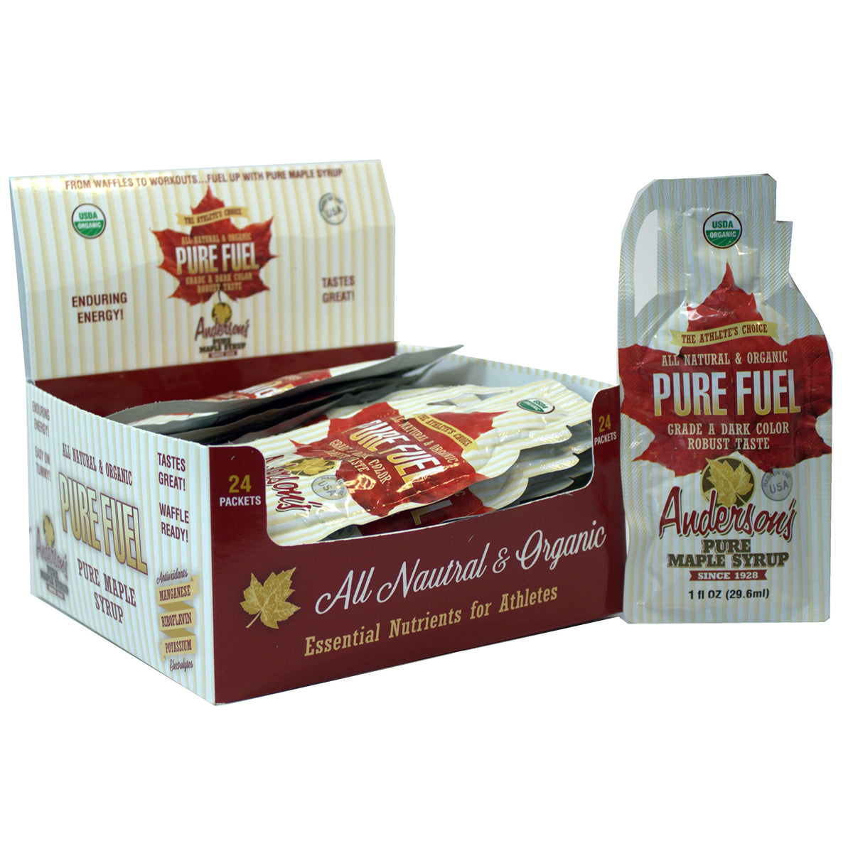 Anderson's Pure Fuel Maple Syrup bottle being poured for natural energy during workouts.