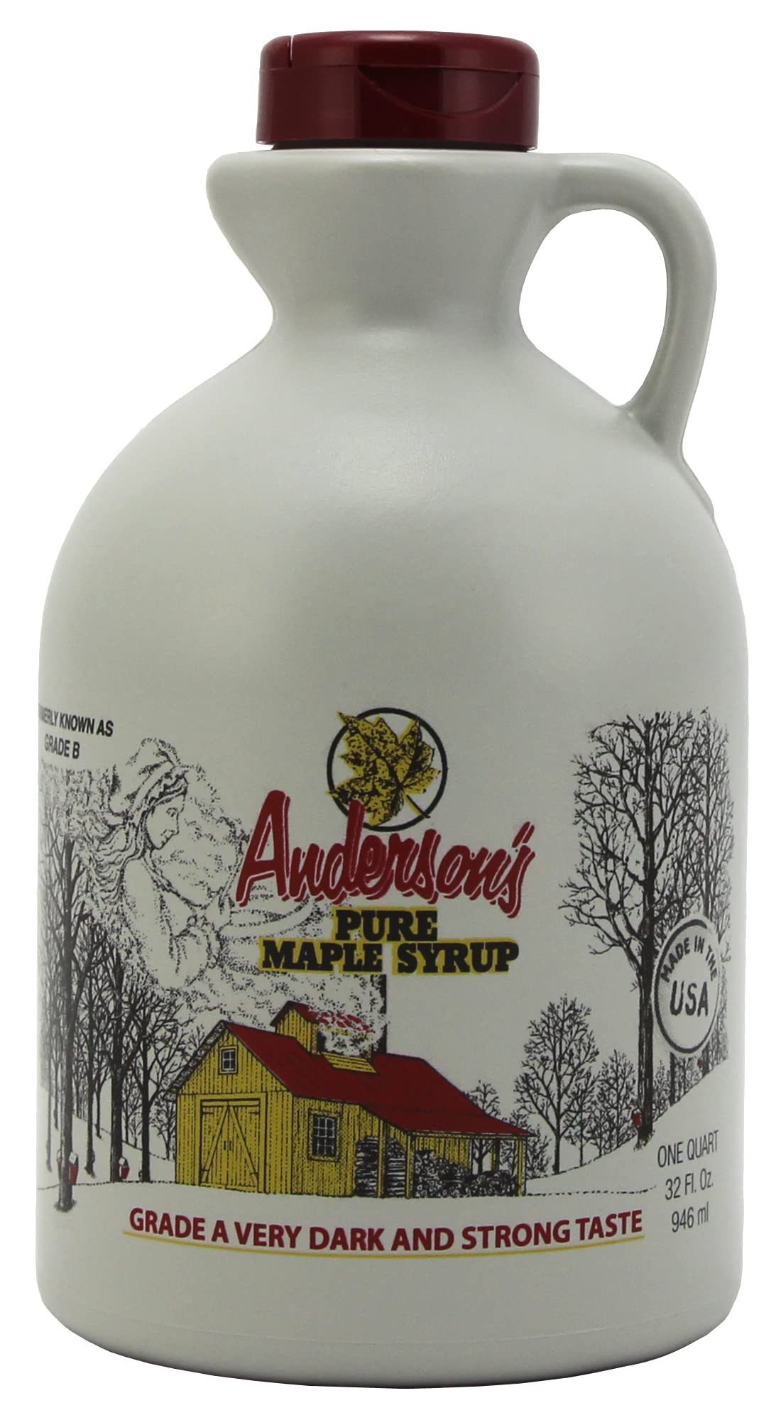 Anderson's Very Dark Maple Syrup in a 32oz brown bottle for bold cooking flavor