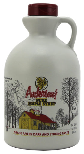 Anderson's Very Dark Maple Syrup in a 32oz brown bottle for bold cooking flavor