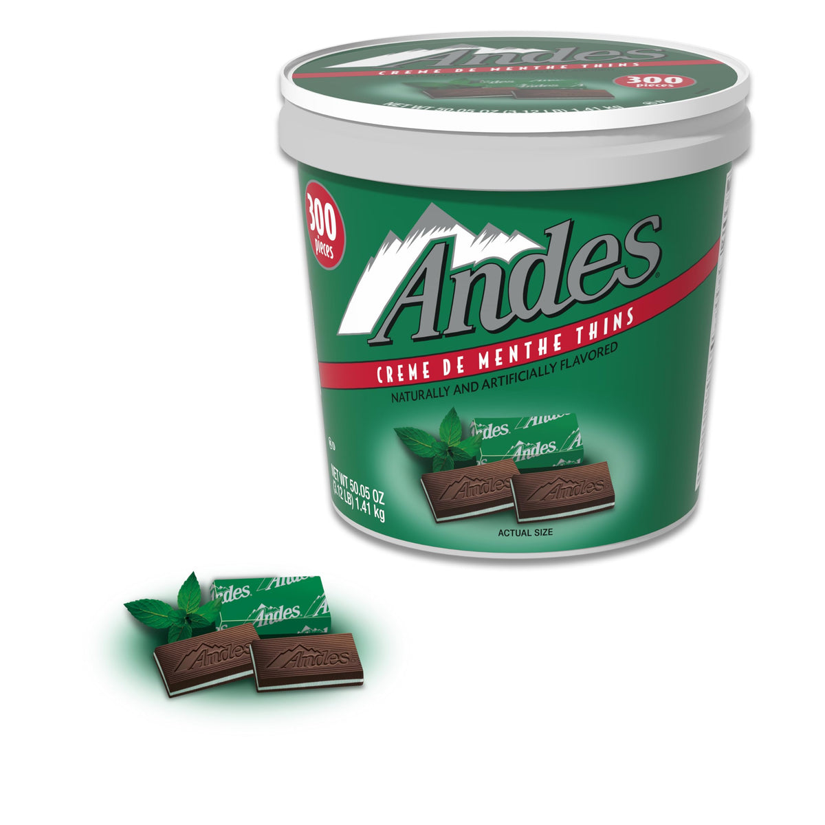 Andes Crème de Menthe Thin Mints tub front for post-dinner indulgence.